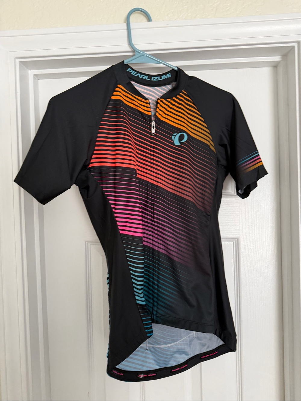Pearl Izumi Black Cycling Jersey with Orange, Pink, Purple & Teal Stripes